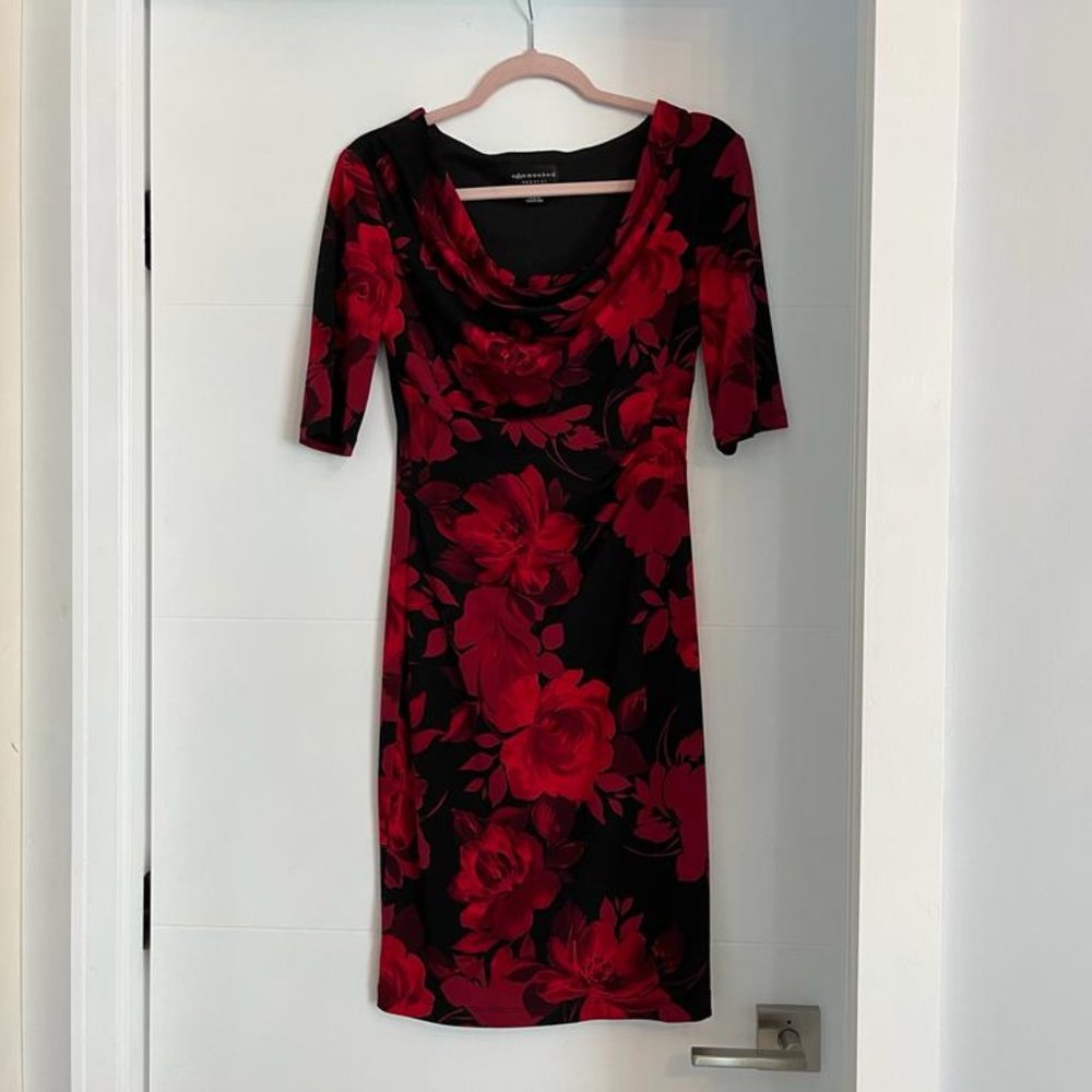 Black and Red Floral Midi Dress. Size 6. Connected Apparel.